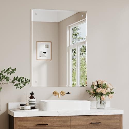 Image of Dripex 60 x 45cm Frameless Rectangle Mirror, Wall Mounted Bathroom Mirror with Bevelled Edge & Pre-Drilled Holes, Horizontal or Vertical Hanging for Dressing Room Bedroom Living Room