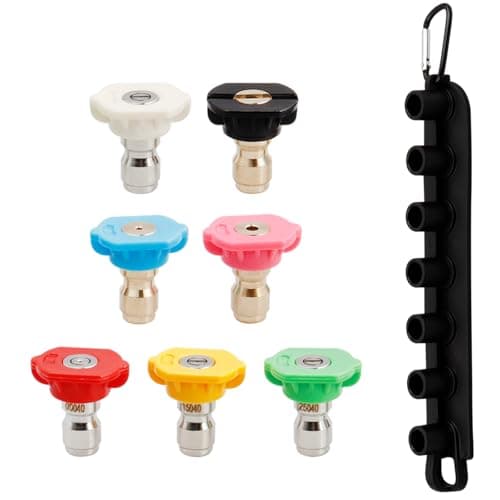 Image of Mesee 7 Pieces Pressure Washer Spray Nozzle Tip Set Universal 1/4 Inch Quick Connect Pressure Nozzles Tips Multiple Degrees Water Washer Tips Attachment with Nozzle Holder for Home Car Deck Cleaning