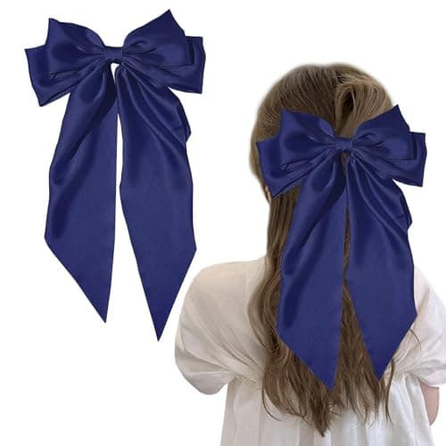 Image of Blue Hair & bow Big Solid Color Bow Clips with Long Ribbon, Soft Satin Silky Hair Accessories for Women and Girls