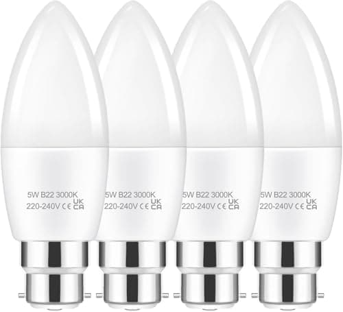 Image of EvaStary B22 Candle Bayonet Light Bulb, 5W (40W Equivalent) B22 LED Bulbs Warm White 3000K, C37 LED Bayonet Candle Cap, Non-Dimmable, Pack of 4