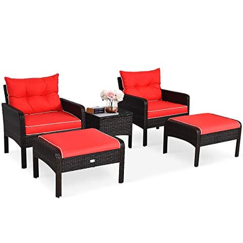 Image of COSTWAY 5PCS Rattan Garden Furniture Set, 4-Seater Cushioned Sofa Chair with Glass Top Coffee Table and Footstool, Outdoor Patio Porch Balcony Wicker Table Chairs Set (Brown+Red)
