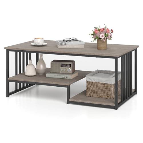 Image of COSTWAY Faux Marble Coffee Table, Rectangular 2-Tier Cocktail Center Table with Open Storage Shelf, Modern Accent Sofa Side Snack Tea Tables for Living Room Office, 110 x 60 x 45cm (Grey Oak+Black)