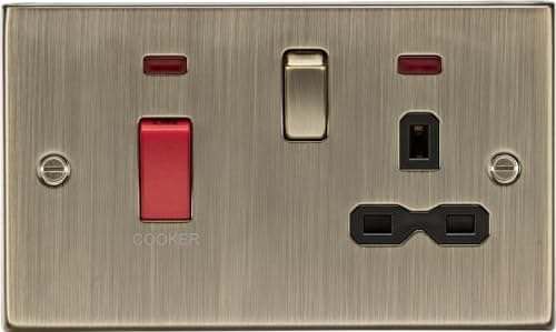 Image of Knightsbridge CS83AB 45A DP Cooker Switch & 13A Switched Socket with Neons & Black Insert - Square Edge Antique Brass