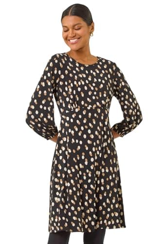 Image of Roman Women Gathered Chest Dress Ladies Stretchy Fit & Flare Swing Tea A Line Skater Knee Length Long Sleeve Midi Smart Casual Work Going Out Cocktail Party - Beige Noir - Size 12