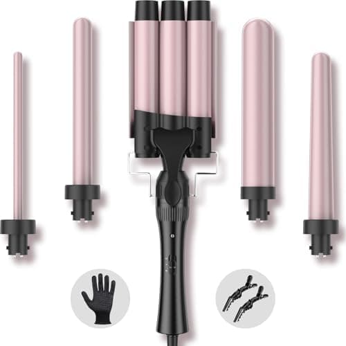Image of Hair Waver Curling Wand Iron Tong, Chopstick, 5 in 1 Hair Curler for Long Hair 10mm-32mm with 2 Crocodile Clips 1 Anti-Scald Silicone Gloves, PTC Ceramic Triple Barrels LCD 180°C & 210°C