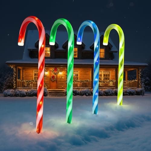 Image of Almineez Christmas Set of 4 Candy Cane Red & White Light Up 50cm Stakes Garden Path Patio 40 LEDs Outdoor Indoor Festive Lighting Novelty Xmas Pathway Decorations (Multi-Coloured)