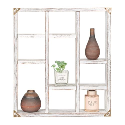 Image of PHOENANCEE Multi Compartment Floating Shelves, 45X32cm, Space Saving, Storage Display Shelf Organiser Unit for Collectibles, Home Decor, Rustic Wood, 1 piece(Rustic White)