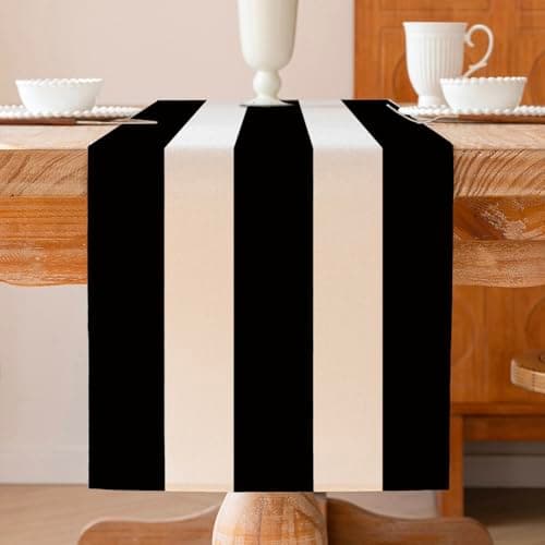 Image of ViaElayu Modern Black and White Striped Table Runner Kitchen Linen Washable Winter Spring Table Runner Modern Doilies for Bedroom 13 x 72 Inch
