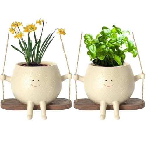 Image of e-YiHESZ Swing Face Planter Pot Hanging Resin Flower Head Planters for Indoor Outdoor Plants Succulent Pots for String of Pearls Plant Live Gift Ideals for Mother, Christmas (2 PCS Type2)