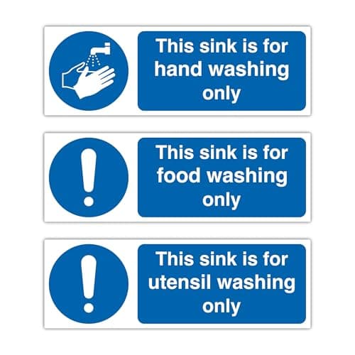 Image of 3 Pack Sink Hygiene Signs 300x100mm – Hand Washing Only, Food Washing Only & Utensil Washing Only Labels – Self Adhesive Polypropylene Stickers for Catering & Food Prep Areas