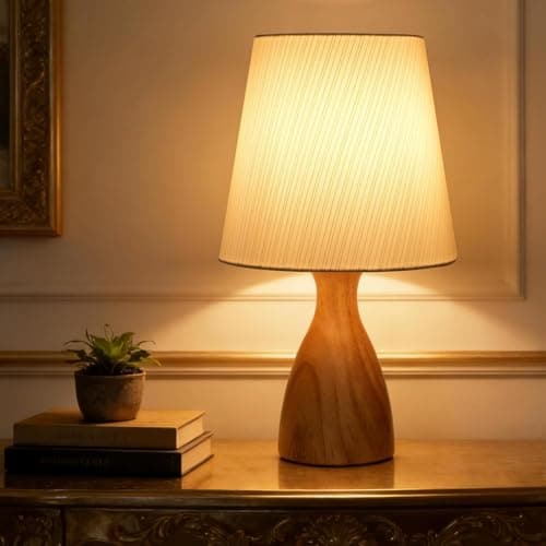 Image of Aukimo Wood Bedside Table Lamp, White Linen Lampshade with Golden Striped, On-Off Switch, 12.6 Inch Nightstand Lamp for Reading, Bedroom, Living Room, Children's Room, Office, Bulb Included