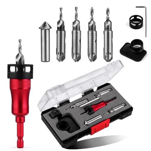 Image of Metal Countersink Drill Bit Set 9-in-1 with Depth Stop, 4 Reversible Heads & Vertical Pilot Adjustable - Hex Shank for Hardened Steel/Woodworking, Hex Key & Chamfer Tool Includ