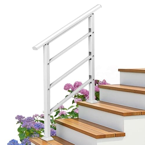 Image of Outopee Adjustable Outdoor Handrail, Wrought Iron Exterior Handrail, Fit 1 to 3 Steps Stair Railing, Banister with Installation Kit for Stairs, Garden, House Entrance, Backyard, White