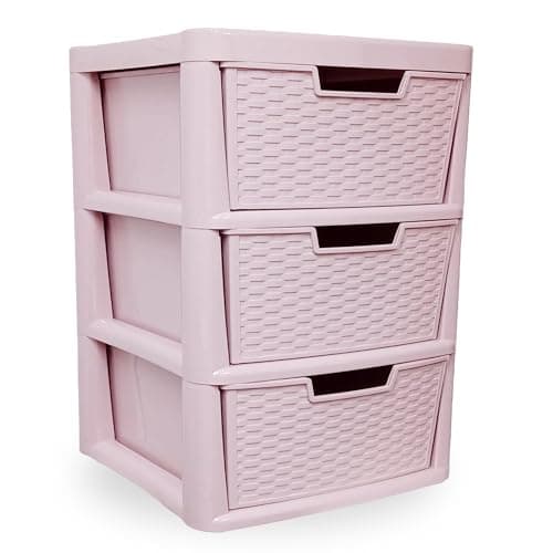 Image of ALEEZ - 3 Drawer Storage Unit Pink - Office Home Space Saving Drawer - Plastic Storage Unit 3 Tier - Strong Rattan Design Drawer, Durable Tower Storage Unit - H 62 x W 39 x D 39 cm