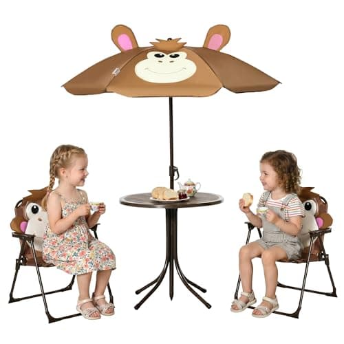 Image of Outsunny Kids Bistro Table and Chair Set, Outdoor Folding Garden Furniture w/Monkey Design, Removable, Adjustable Sun Umbrella, Ages 3-6 Years - Brown