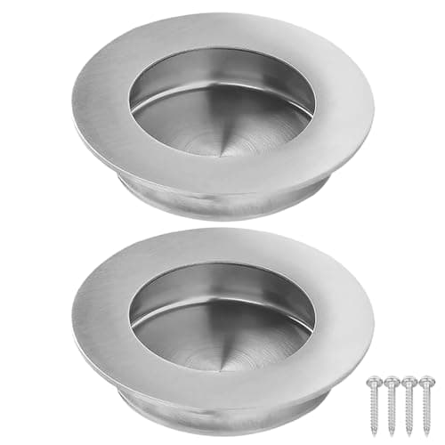 Image of VBSYUYQ 2 Pack Flush Recessed Sliding Round Door Pull Handles Hidden Finger Pull Handle Satin Brushed Stainless Steel Inset Cupboard Handle for Drawer Wardrobe Closet Barn Door - Silver