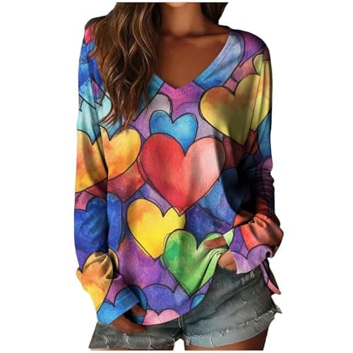 Image of Valentine Sweatshirts for Women Casual Fashion Love Heart Print Jumpers Casual Long Sleeve Lightweight Loose Holiday Tops Multicolor L