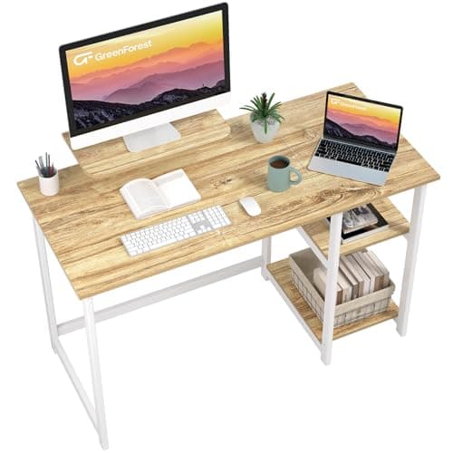 Image of GreenForest Office Desk with Monitor Stand,120cm Computer Desk with Reversible Storage Shelves,Study Desk for Home and Small Spaces,Oak