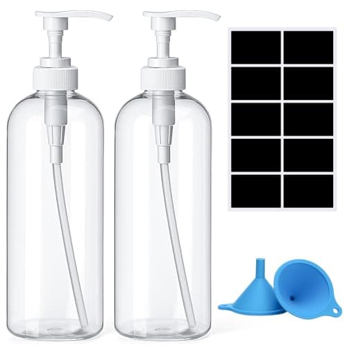 Image of Pump Bottle Dispenser,2 Pcs 1000ml/35oz Refillable Empty Press Pump Bottles,Refillable Plastic Empty Pump Bottles Dispensers with Funnel and Label for Lotions,Shampoo,Conditioner,Transparent
