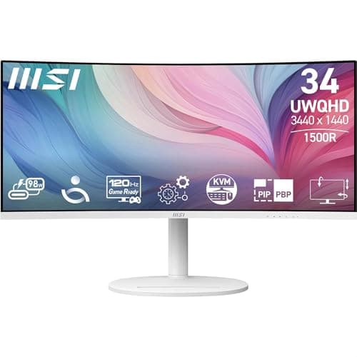 Image of MSI Modern MD342CQPW 34 Inch UWQHD 1500R Curved Monitor - 3440 x 1440 VA Panel, KVM, PIP/PBP, Wide Color Gamut, Eye-Friendly Screen, Built-in Speakers, 3-Way Adjustable - HDMI 2.0b, DisplayPort (1.4a)