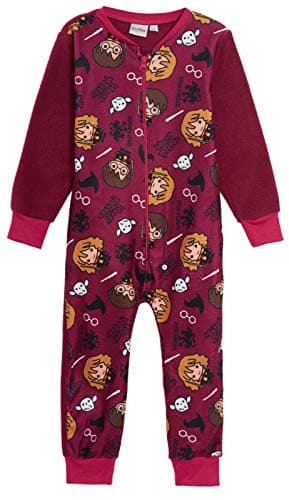 Image of Harry Potter Official Onesie, Boys, Girls Unisex Fleece All In One Pyjamas, Kids Hogwarts Charms Sleepsuit, Burgundy Age 11-12 Years