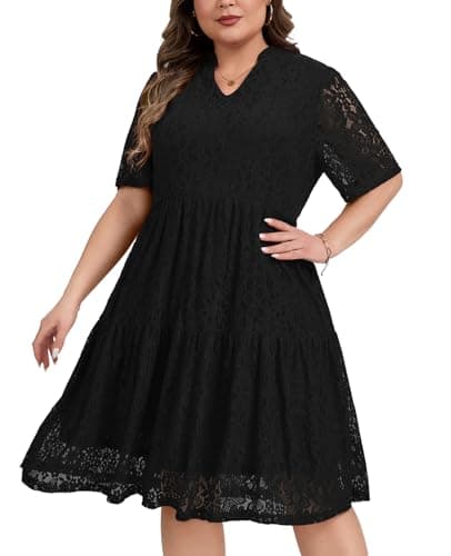 Image of Kyzoeyou Womens Dresses Plus Size Elegant Floral Lace Dress Short Sleeve V Neck Casual A-Line Knee Length Sundress (Black, XL)