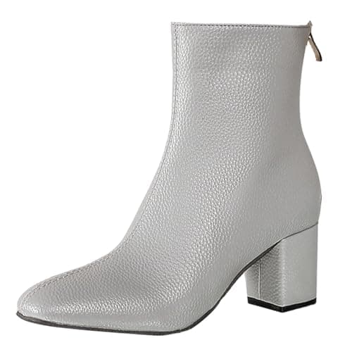 Image of Momolaa UK Size 5 Women's Leather Square Toe Back Zip Chunky Low Block Heels Ankle Boots Elegant Tall Shaft Fall Winter Heeled Dress Booties Shoes Grey