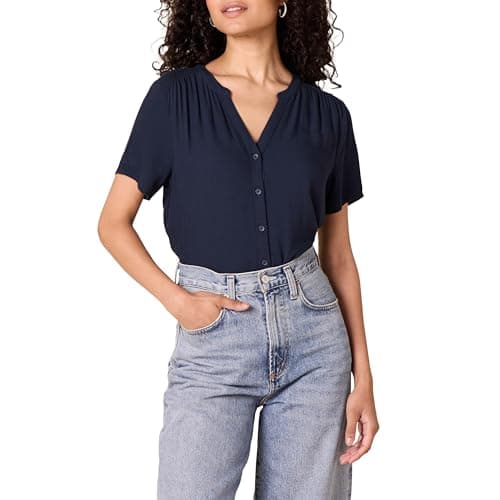 Image of Amazon Essentials Women's Relaxed-Fit Short-Sleeved Woven Blouse, Navy, L