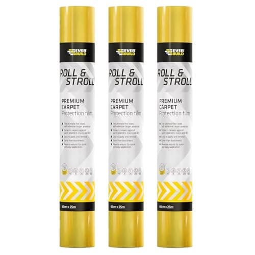Image of Buildware 3x Roll & Stroll Premium Carpet Protector – Self-Adhesive, Waterproof, Yellow, 600mm x 25m – Easy to Apply & Roll