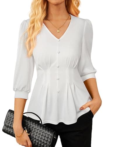 Image of GRACE KARIN Women's Button-Down Blouse 3/4-Sleeve V-Neck Tops for Work Office Ruffled Blouse White XL