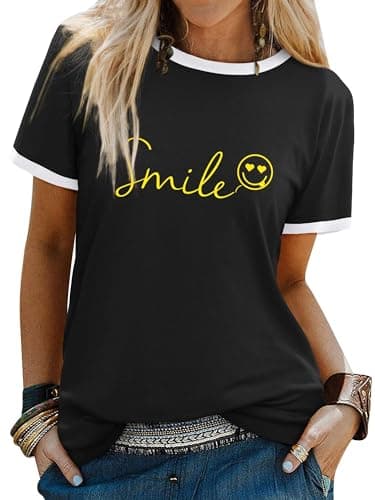 Image of Dresswel Womens T-Shirt Cute Funny Smile Face Graphic Print Tee Shirts Summer Tops(Black, M)