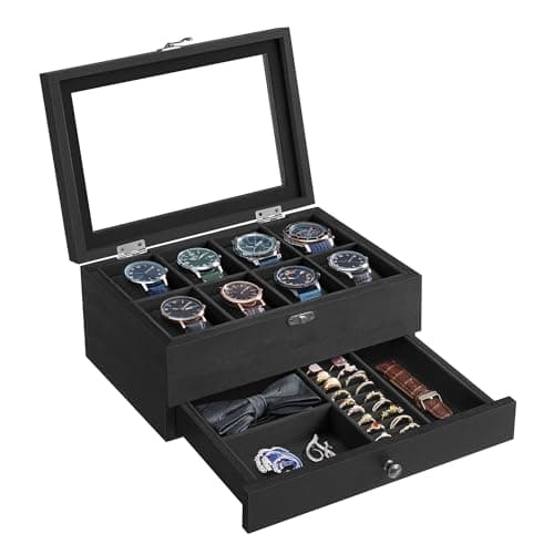 Image of SONGMICS Watch Box with 8 Slots, 2-Tier Wood Watch Case with Large Glass Lid, Watch Pillows, Velvet Lining, Jewellery Box, Gift for Loved Ones, Ink Black JOW008B02