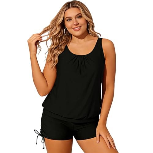 Image of 2 Piece Plus Size Tankini Sets for Women UK, Athletic Swimming Costume with Sports Bra, Tummy Control Swimsuit with Shorts (UK, Numeric, 24, Regular, Regular, Black)