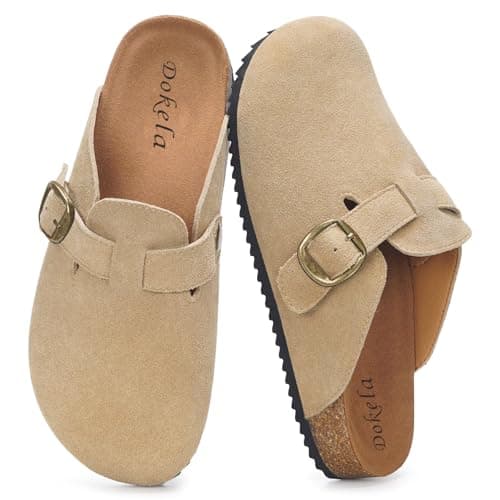 Image of Suede Clogs for Women Men Soft Cork Footbed Leather Mules Comfort Slippers Potato Shoes with Arch Support, Apricot, 3 UK