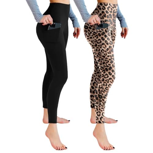 Image of Leafigure 2 Pack Gym Leggings for Women High Waist Opaque Leggings with Pockets for Workout Sport Yoga Running Black/Leopard LXL