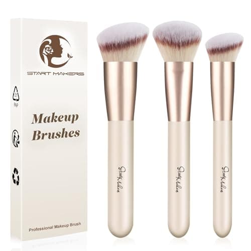 Image of Start Makers Makeup Brushes 3PCS Set, Foundation, Contour, Concealer Brush for Liquid & Powder, Professional Vegan Synthetic Kabuki Brushes for Flawless Blending, Buffing & Setting
