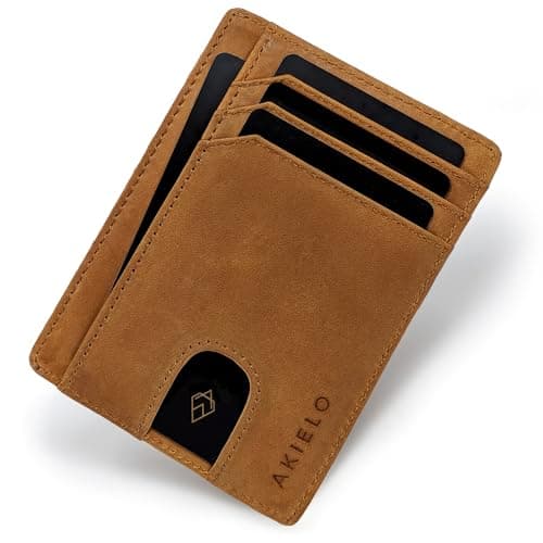 Image of AKIELO RFID Card Holder Wallet with Gift Box – Ultra Slim Leather Credit Card Holder for Men – Small Minimalist Blocking Card Wallet (Bravo - Tan Edition)