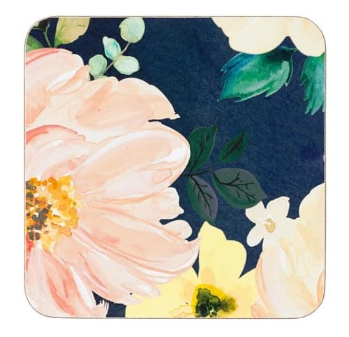 Image of Cork Backed Coasters with Floral Design, Navy Blue Background with Pink and Yellow Flowers, Set of 4