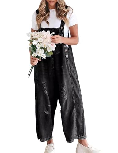 Image of Sukany Women's Vintage Casual Denim Jean Overalls Loose Distressed Bib Dungarees Adjustable Baggy Harem Romper Jumpsuit Pants Black XL