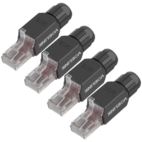 Image of VCELINK Tool-Free RJ45 Connectors Toolless Cat6 Modular Plug Gold Plated Cat6 Ethernet Cable Ends for 23-26 AWG Network Cable 4 Pack Black