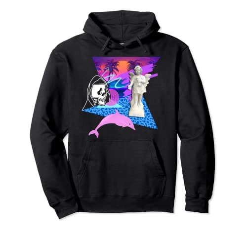 Image of Vaporwave Reaper Horror Angel Statue Scary Dolphin Palm Pullover Hoodie