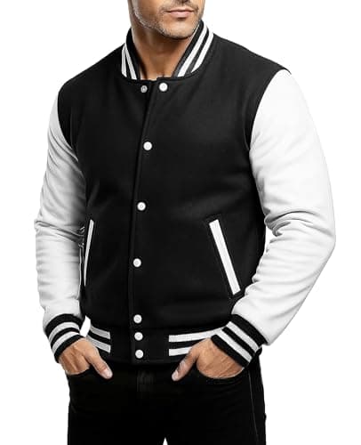 Image of Fashion_First Mens Varsity College Jacket Black & White Bomber Baseball Jacket American Style Letterman Wool Men