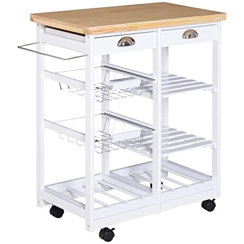 Image of HOMCOM Rolling Kitchen Island Trolley Cart Drawer Shelves Basket Wheels W/ 6 Bottle Wine Rack White