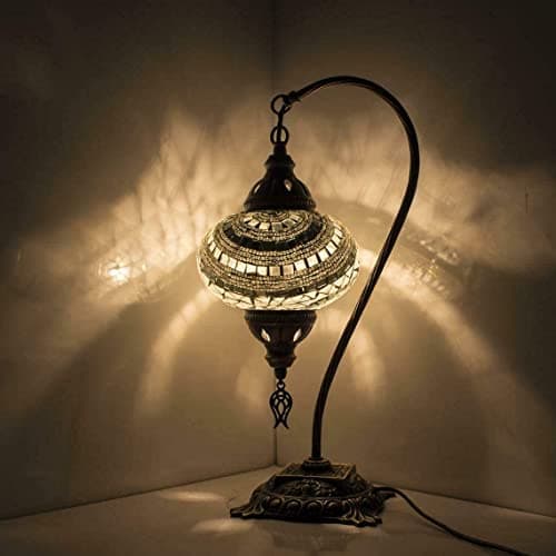 Image of ENVA Turkish Moroccan Mosaic Table Lamp - Handmade Glass Swan Neck - Multi-Colored - Metal & Glass - 17.3" H x 17.3" W - LED Bulb Included - Indoor Use Only