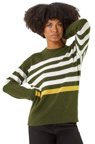 Image of Roman Women Stripe Print Jumper Ladies Winter Autumn Knit Knitted Sweater Embroidered Knitwear Casual Smart Round Crew Neck Pull Over Everyday Going Out Party - Green Ivory - Size 14