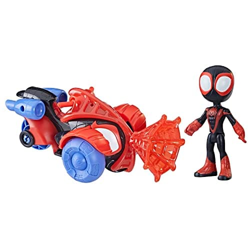 Image of Marvel Spidey and His Amazing Friends Miles Morales Spider-Man Techno Racer Toy, Action Figure with Vehicle and Accessory, Preschool Toys