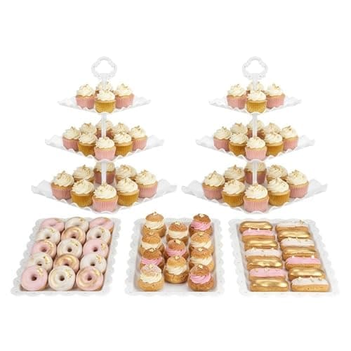 Image of NWK 5 Piece Cake Stand Set with 2x 3-Tier Cupcake Stands + 3X Appetizer Trays Perfect for Wedding Birthday Baby Shower Thanksgiving Christmas New Year Party