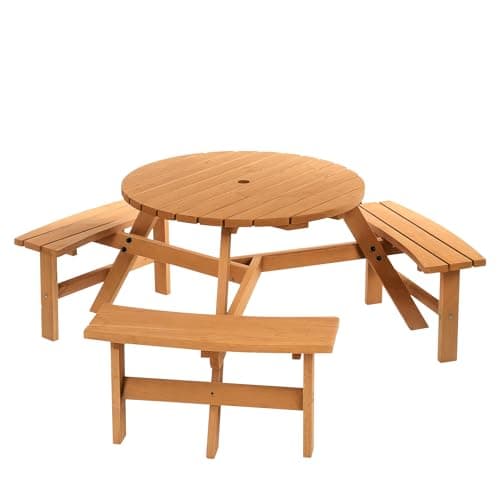 Image of Outsunny Wooden Garden Dining Set, 6 Seater Round Dining Picnic Table with Matching Bench, Garden Furniture Set with Parasol Hole for Outdoor Patio Party and Family Gatherings, Brownish Red