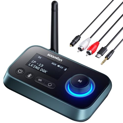 Image of Bluetooth 5.0 Transmitter Receiver - SOOMFON Bluetooth TV Adapter with Volume Control, Dual Link Long Range Audio Bluetooth Transmitter for TV to Wireless Headphones (Optical, RCA, Aux)