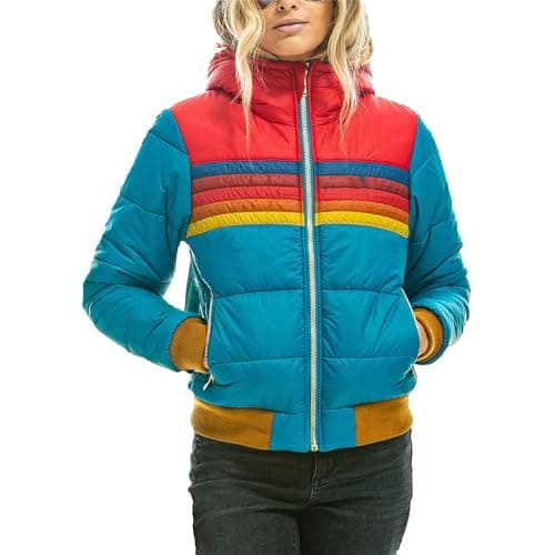 Image of Qolkmuiy-GJ Women's Hooded Printed Short Jacket Fashionable Casual Outdoor Cotton Clothing Rainbows Stripe Coat with Hood (Blue 2,XXL)